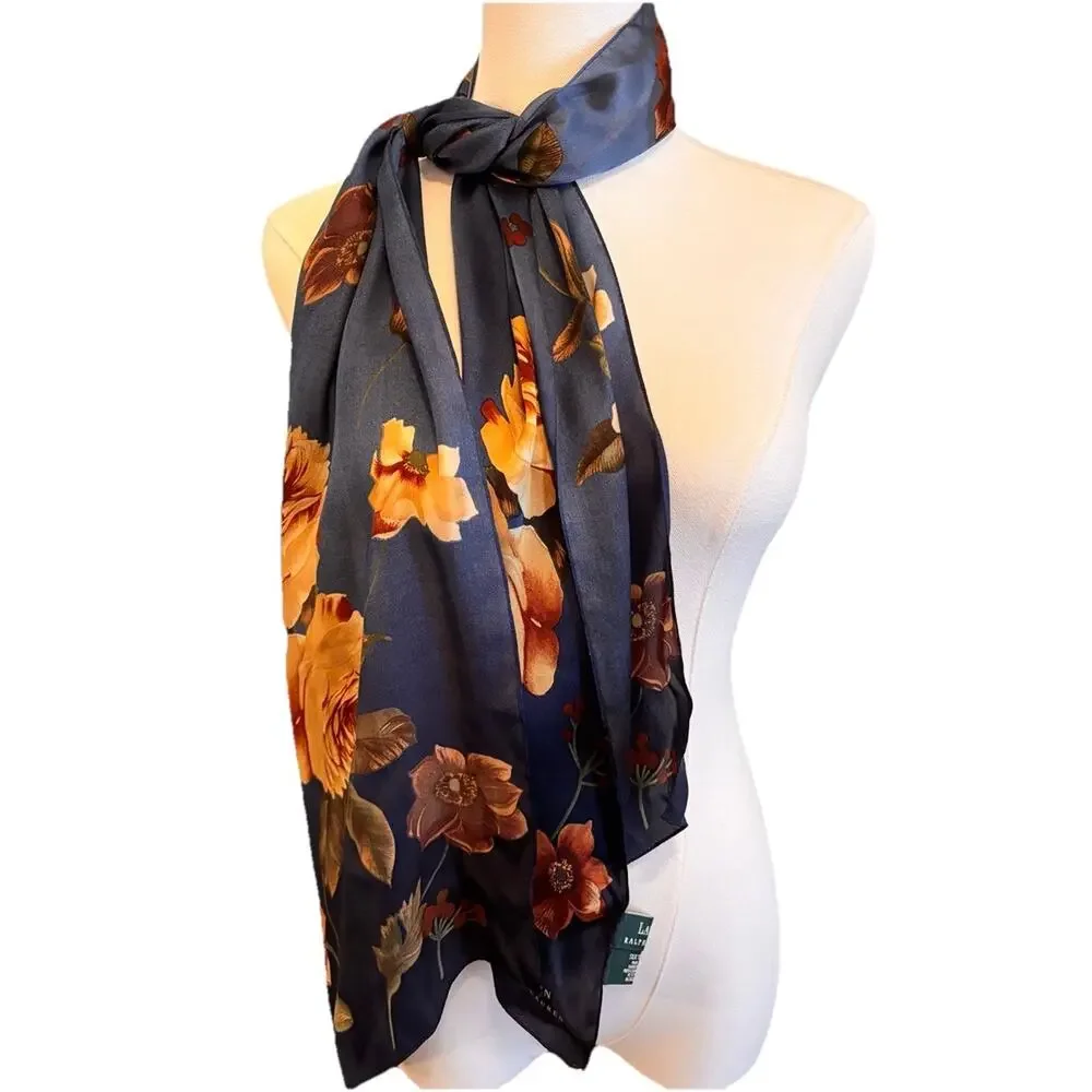 Ralph Lauren Brown Blue Floral 100% Silk Oblong Scarf 70